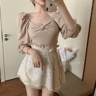 Elbow-sleeve Twist Cropped Top / Plain Mini A-line Skirt / Floral Mini A-line Wrap Skirt