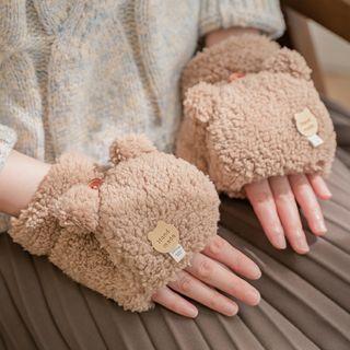 Bear Ear Faux Shearling Fingerless Gloves