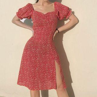 Floral Puff-sleeve Slit A-line Dress