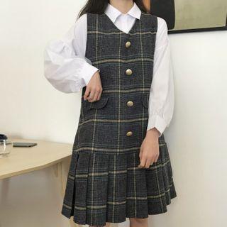Long-sleeve Shirt / Plaid Pleated A-line Pinafore Dress