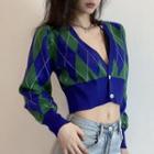 Long-sleeve Deep V-neck Argyle Cropped Cardigan