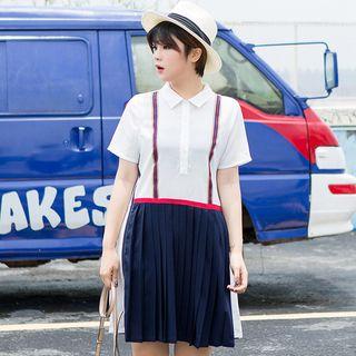 Color Block Pleated Hem Short-sleeve Dress