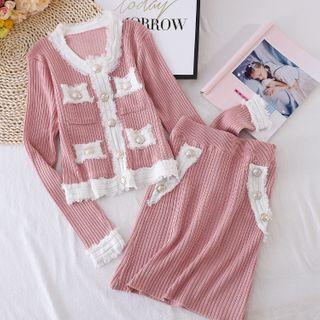 Set: Fringed Trim Ribbed Cardigan + Knit Skirt