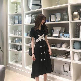 Short-sleeve Double Breasted Ribbon A-line Midi Dress