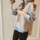 Pinstriped Shirt / Open Back Lace Up Knit Vest / Set