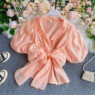 Lapel Puff-sleeve Bow-detail Chiffon Blouse