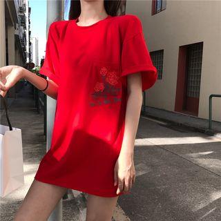 Elbow-sleeve Floral Print Oversized T-shirt As Shown In Figure - One Size