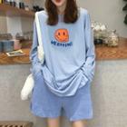 Long-sleeve Print T-shirt / Knit Shorts