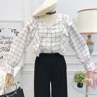 Ruffled-trim V-neck Plaid Shirt