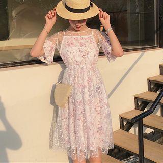 Floral Print Panel Short Sleeve Midi Mesh Dress