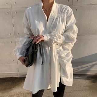 Puff-sleeve Shirred Trim Asymmetrical Blouse