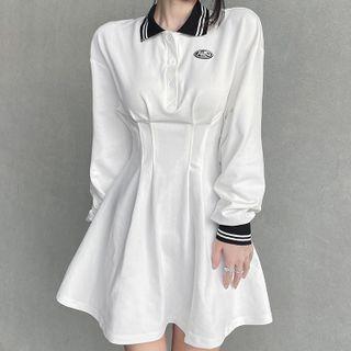 Long-sleeve Contrast Polo-neck Mini A-line Dress