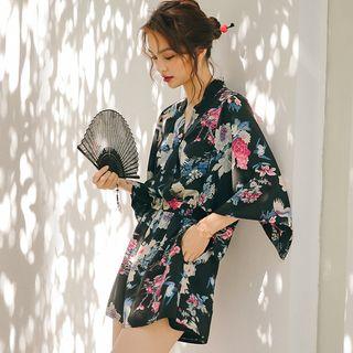 3/4-sleeve Floral Print V-neck Playsuit
