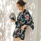 3/4-sleeve Floral Print V-neck Playsuit