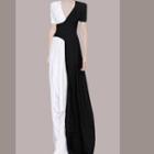 Short-sleeve Two-tone Sheath Evening Gown