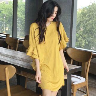 Plain Frill Trim Open Back Elbow Sleeve Dress