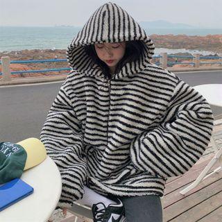 Striped Fleece Zip-up Hoodie Stripe - Black & White - One Size