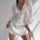 Puff Sleeve V-neck Lace Mini Dress