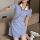 Short-sleeve Collared Mini T-shirt Dress Blue - One Size