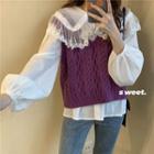 Long-sleeve Lace Trim Blouse / Knit Vest