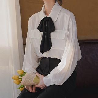 Pocket Detail Bow Accent Blouse White - One Size
