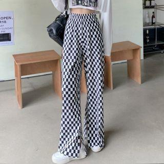 High-waist Wide Leg Plaid Slit Pants