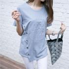 Button-trim Lettering-embossed T-shirt