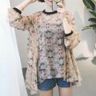 Set: 3/4-sleeve Floral Chiffon Top + Camisole