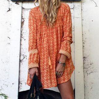 Long-sleeve Patterned Tie-strap Mini A-line Dress