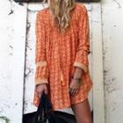 Long-sleeve Patterned Tie-strap Mini A-line Dress