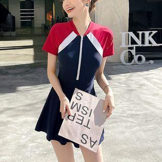 Short-sleeve Half-zip Color Block Swim Dress