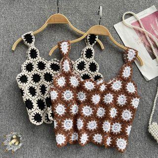Suspender Color Block Pointelle-knit Cropped Top