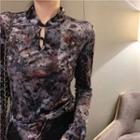 Long-sleeve Floral Print Frog-buttoned Top