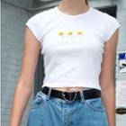 Cap-sleeve Floral Embroidered Cropped T-shirt