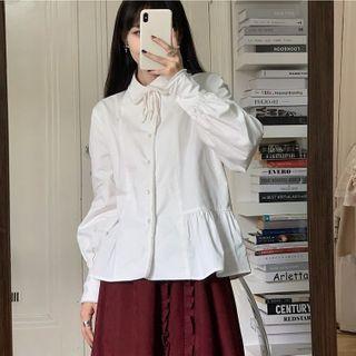 Long-sleeve Bow-neck Plain Blouse