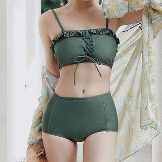 Set Of 3: Lace-up Bikini Top + Swim Bottom + Leaf Print Cover-up