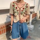 Floral Short-sleeve Knit Top Almond - One Size