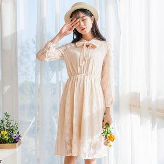 Long-sleeve Bow Neck Lace Dress
