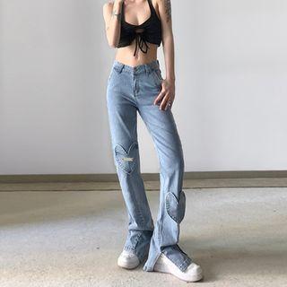 Heart Applique Side-slit Straight Leg Jeans