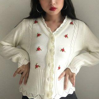 V-neck Floral Applique Cardigan
