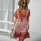 Printed Short-sleeve V-neck Fringe Mini Dress