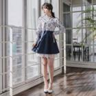 Set: Hanbok Top (floral / Navy Blue) + Skirt (mini / Navy Blue)