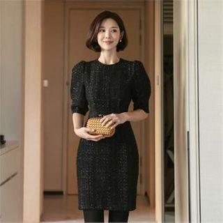 Puff-sleeve Textured Sheath Dress