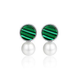 Sterling Silver Fashion And Elegant Geometric Round Imitation Malachite Stud Earrings Silver - One Size