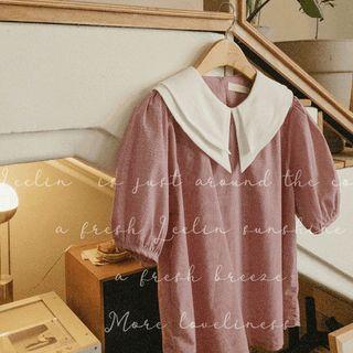 Contrast-collar Puff-sleeve Gingham Blouse