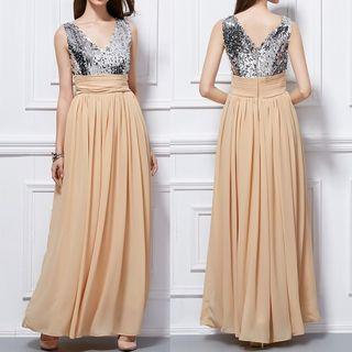 V-neck Sleeveless Sequined Panel Chiffon Evening Gown