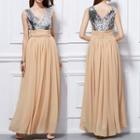 V-neck Sleeveless Sequined Panel Chiffon Evening Gown