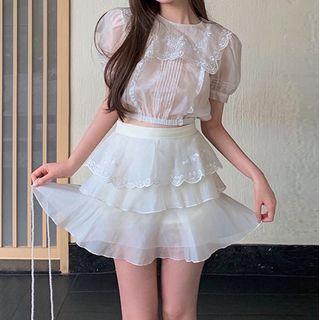 Short-sleeve Embroidered Blouse / Mini A-line Skirt / Tube Top