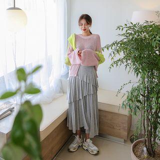 Diagonal Ruffle-tiered Maxi Skirt