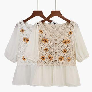 V-neck Embroider Floral Mesh Top
